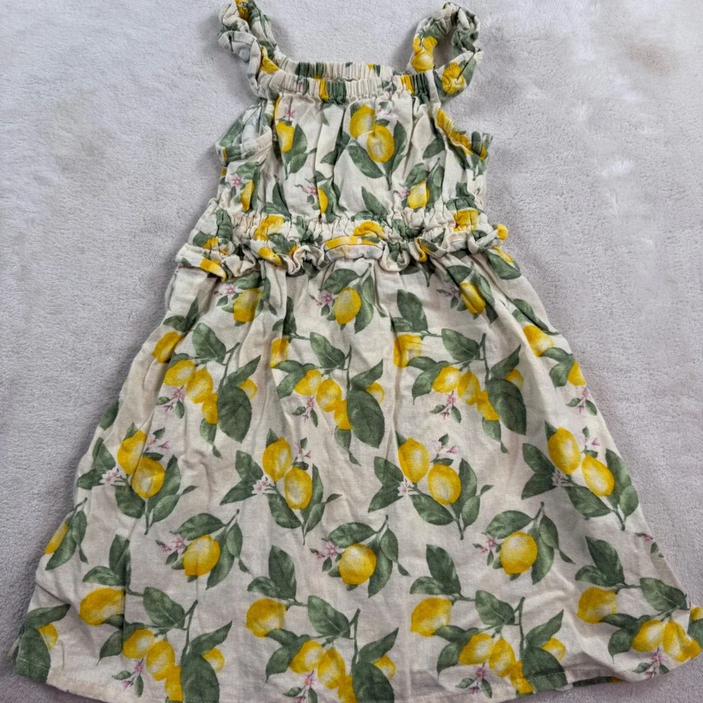 Old Navy Girls Lemon Print Linen Blend Smocked Waist‎ Sundress Yellow White 4T
